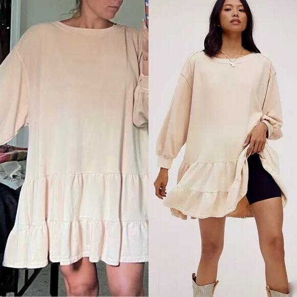Free People Sweatshirt Dress Sunny Side Tiered Ruffle Ombre Blush Ivory (Sz XL) - Picture 2 of 12